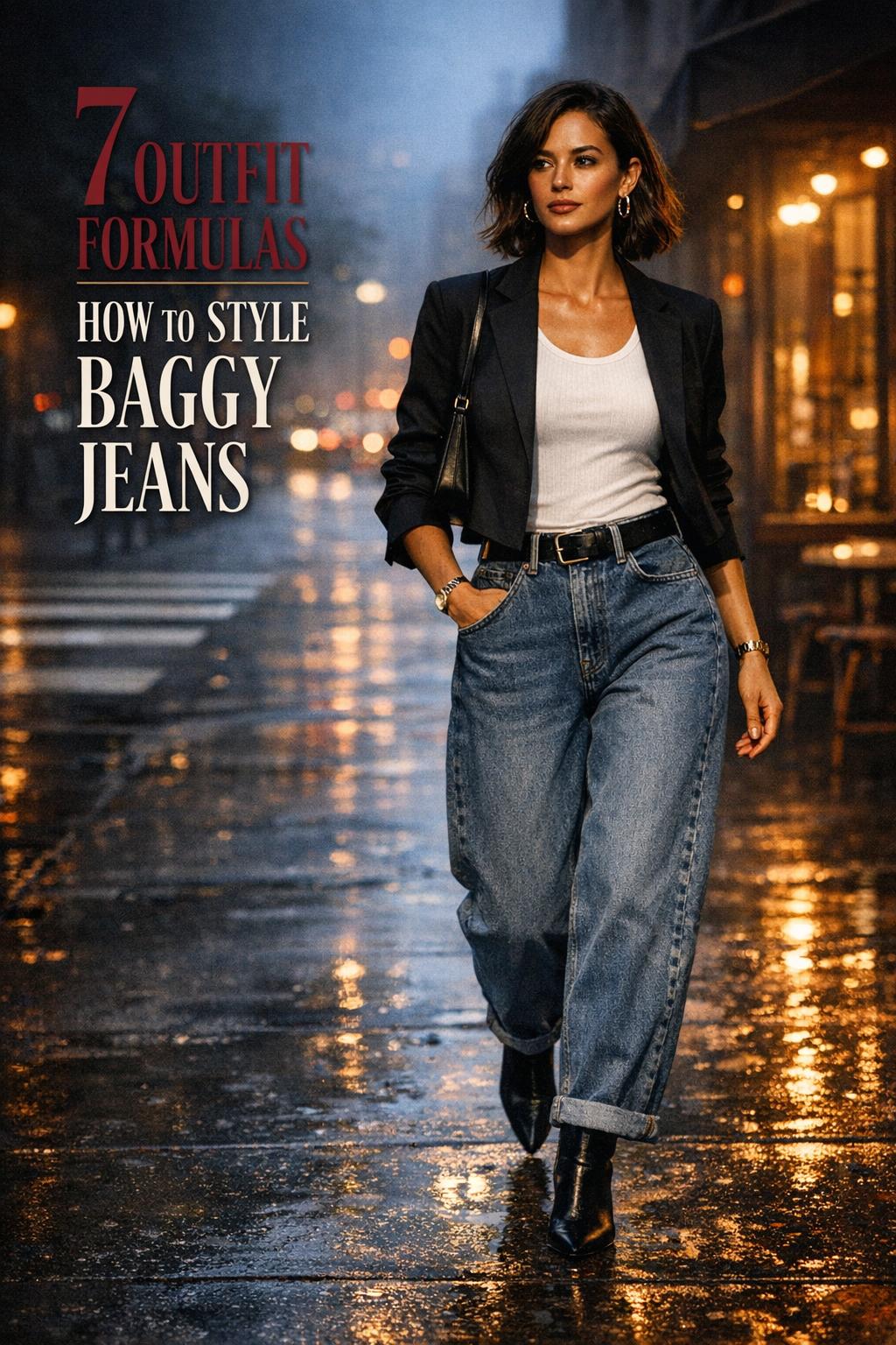 How to style baggy jeans in a cinematic street-style editorial at dusk with blazer, white tank, and ankle boots