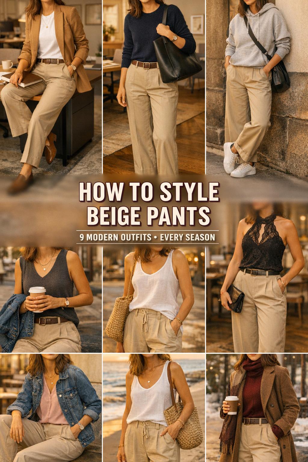 How to style beige pants collage with 9 modern outfits for every season in a warm golden-hour editorial grid