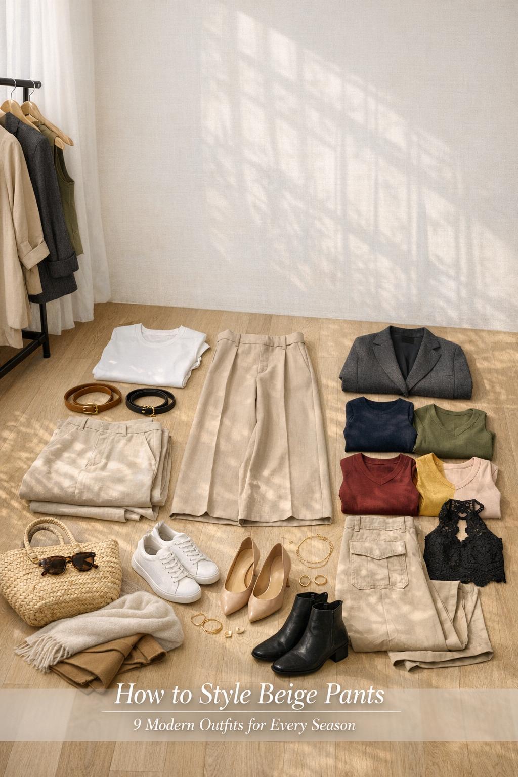 How to style beige pants flat lay with 9 seasonal outfit pieces, accessories, and soft studio light