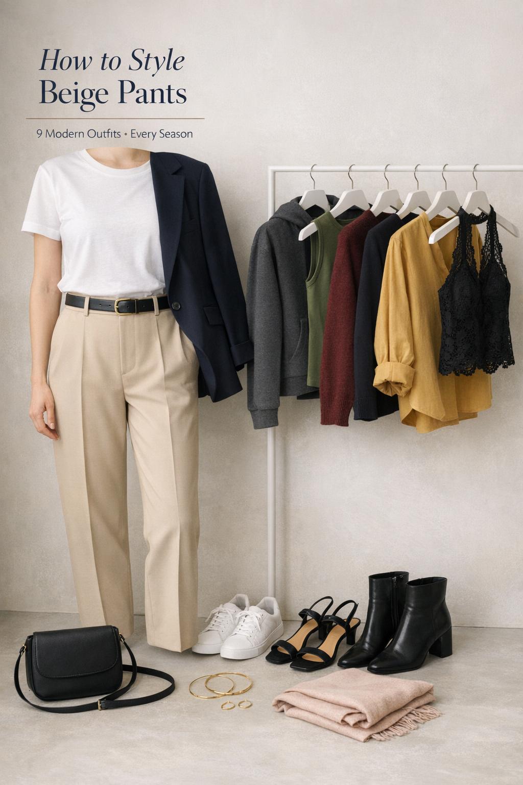 How to style beige pants lookbook with tailored trousers, navy blazer, outfit rail, and shoes in a minimalist studio
