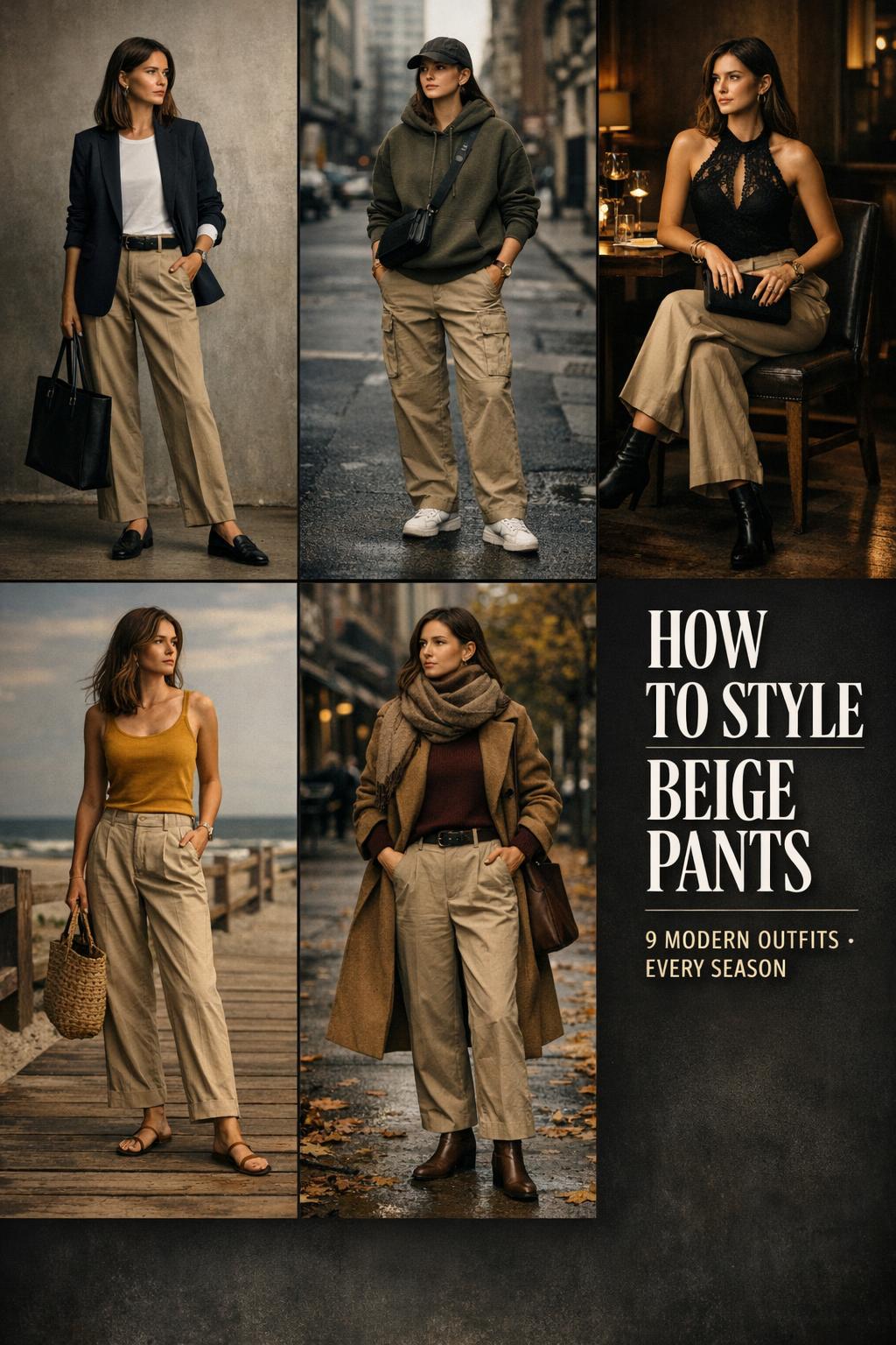 How to style beige pants in five seasonal outfits, editorial fashion lookbook with bold text overlay