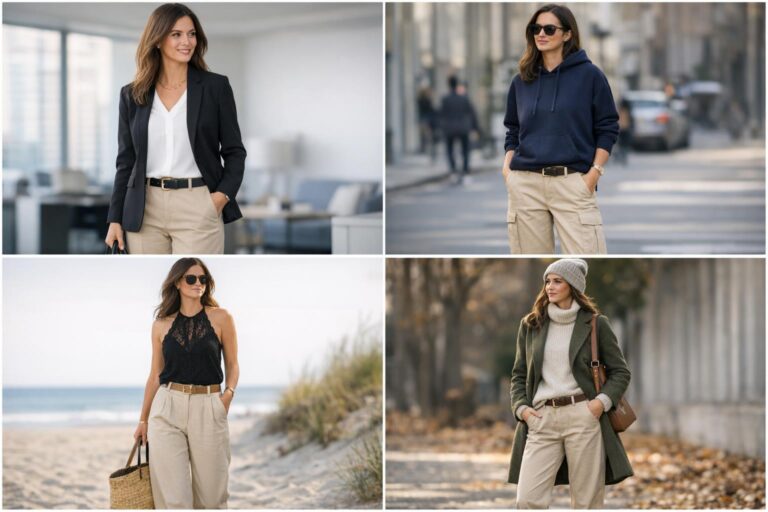 How to style beige pants with a modern outfit featuring tailored beige trousers, a white top, and neutral accessories