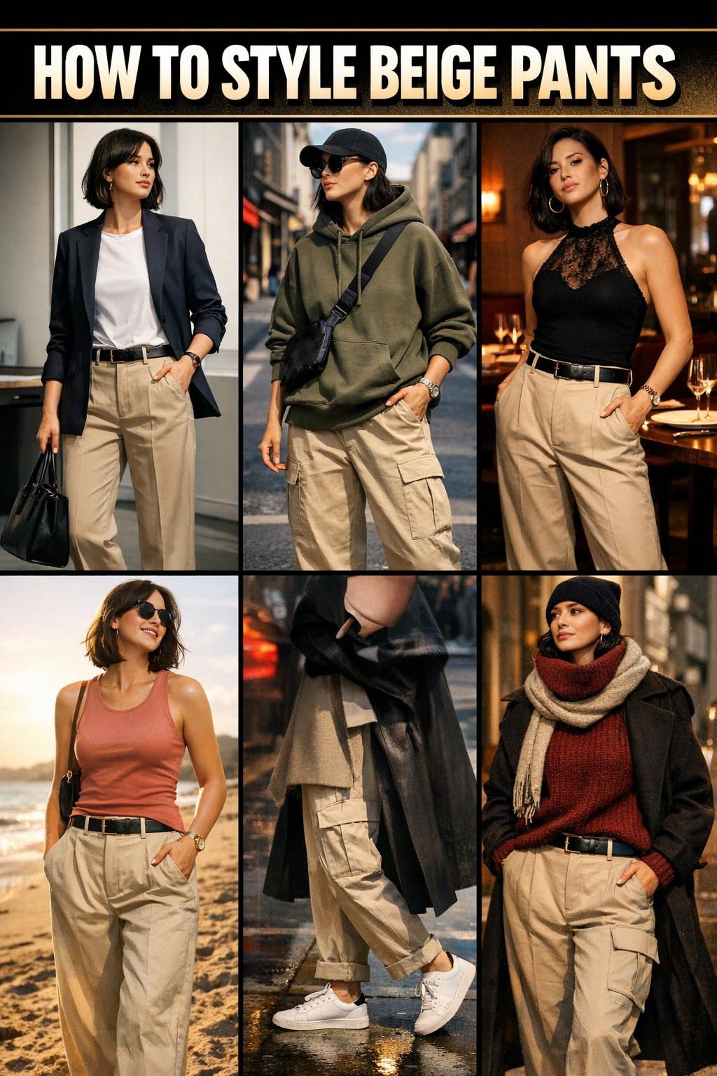 How to style beige pants with a white blouse and loafers in a chic everyday outfit