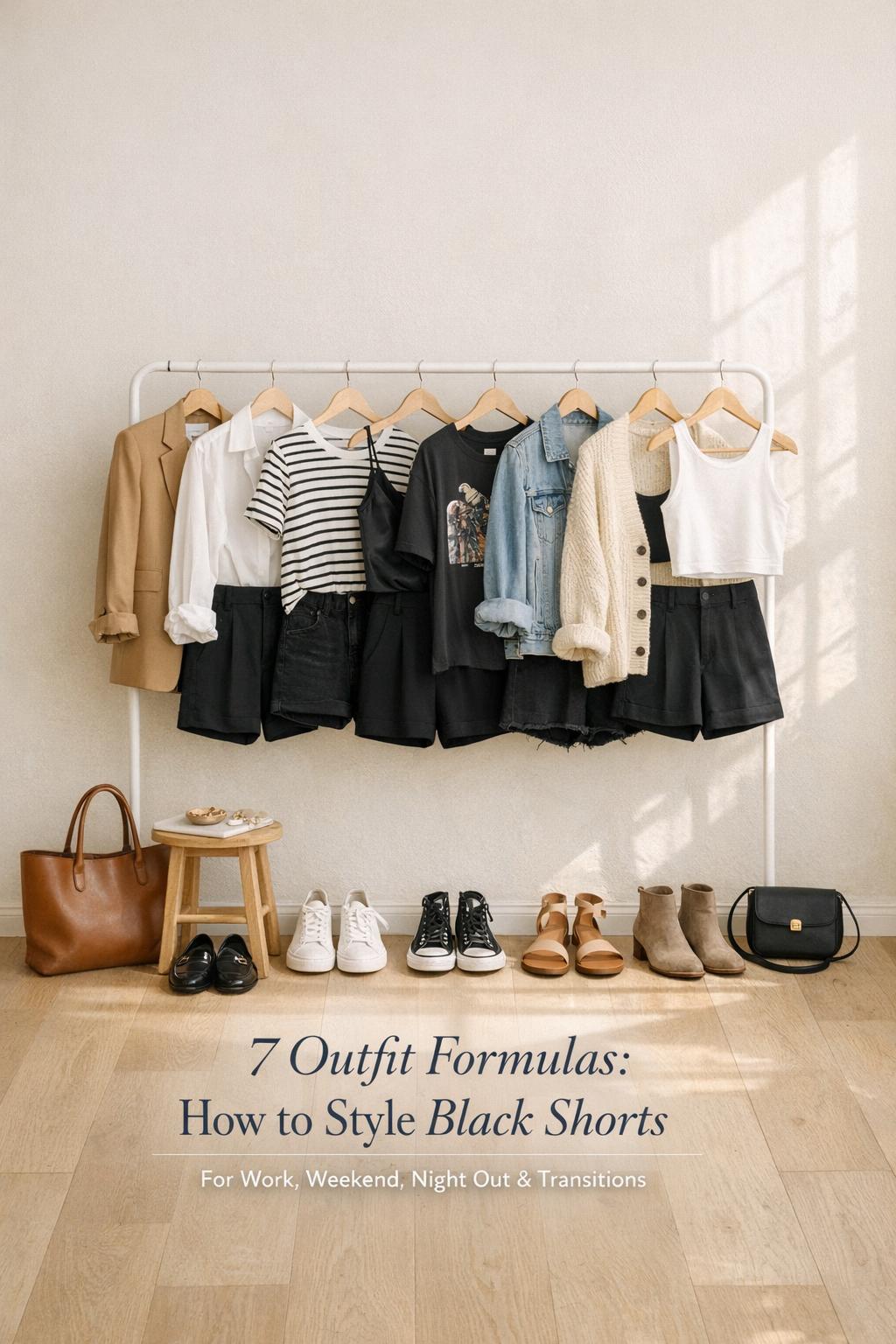 How to style black shorts outfit formulas displayed on a studio clothing rack in soft window light with neutral accessories.