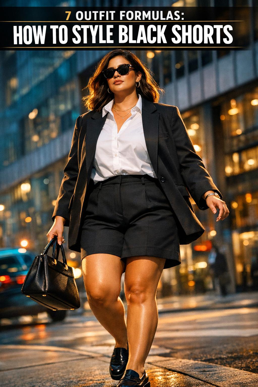 Woman styling black shorts with white blouse and sandals for a chic summer outfit