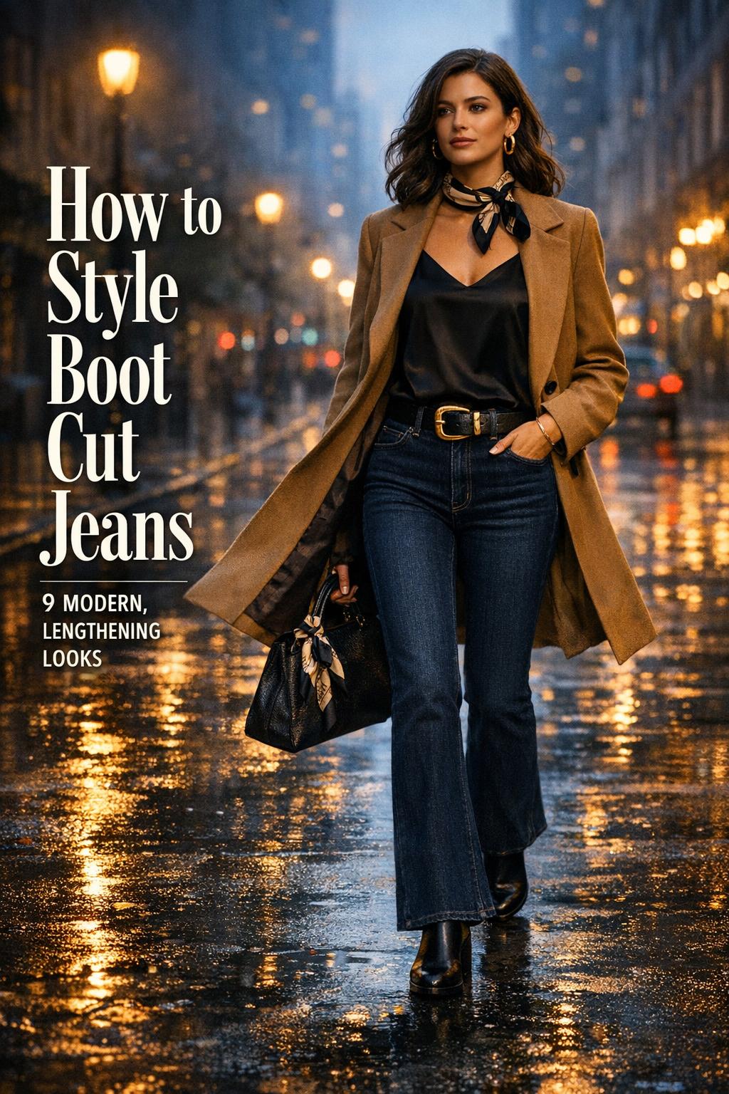 How to style boot cut jeans in a cinematic blue-hour street look with trench coat, satin camisole, and heeled ankle boots