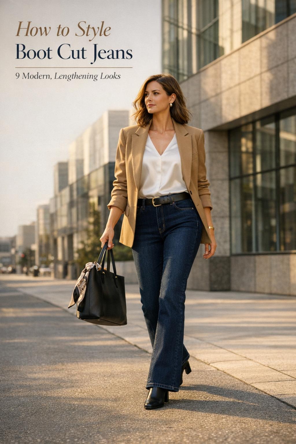 how to style boot cut jeans—woman in indigo bootcut jeans, white satin blouse and camel blazer on a modern city street
