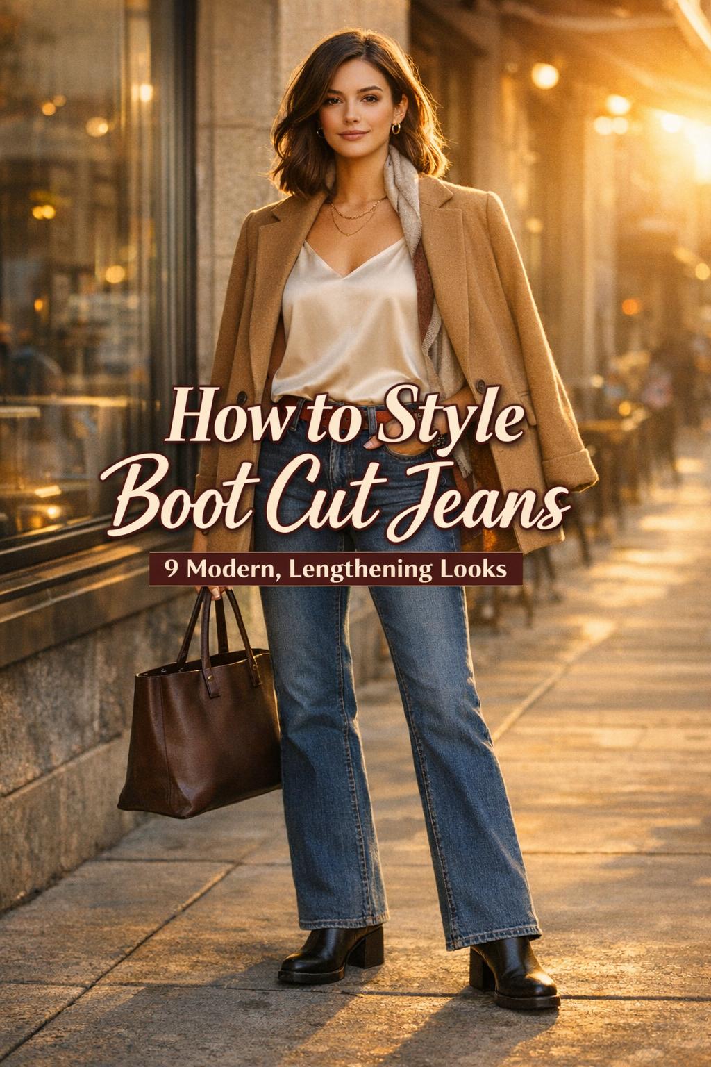 How to style boot cut jeans outfit on a woman in golden-hour city street style with blazer, satin top, and ankle boots