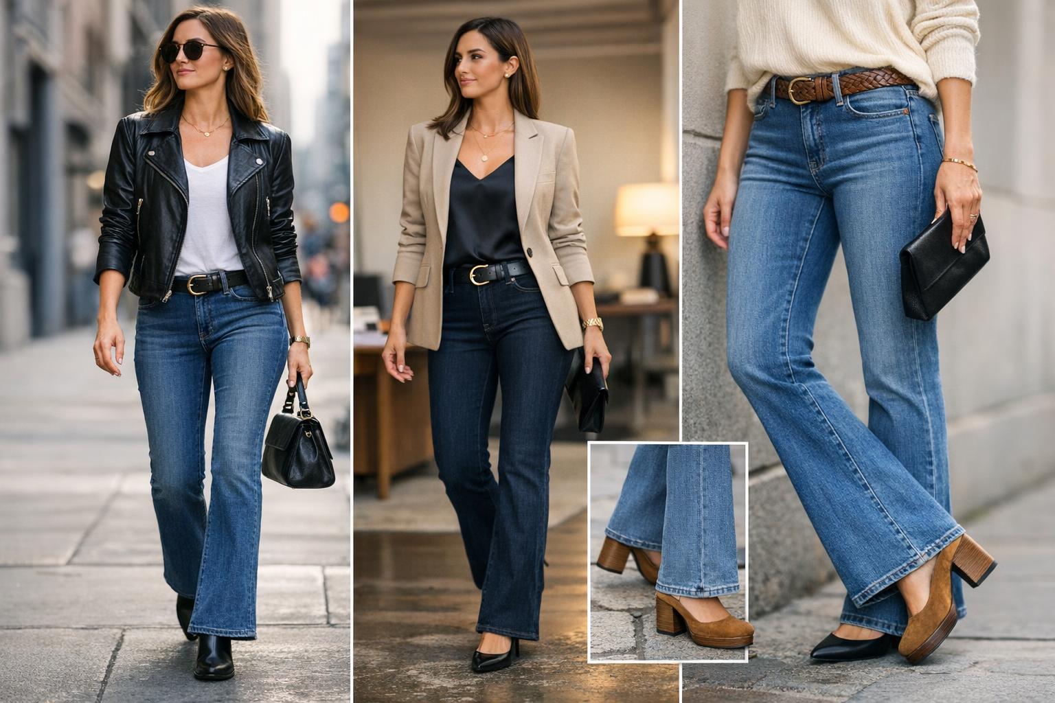 How to style boot cut jeans with heeled ankle boots and a tailored blazer for a modern, leg-lengthening outfit.