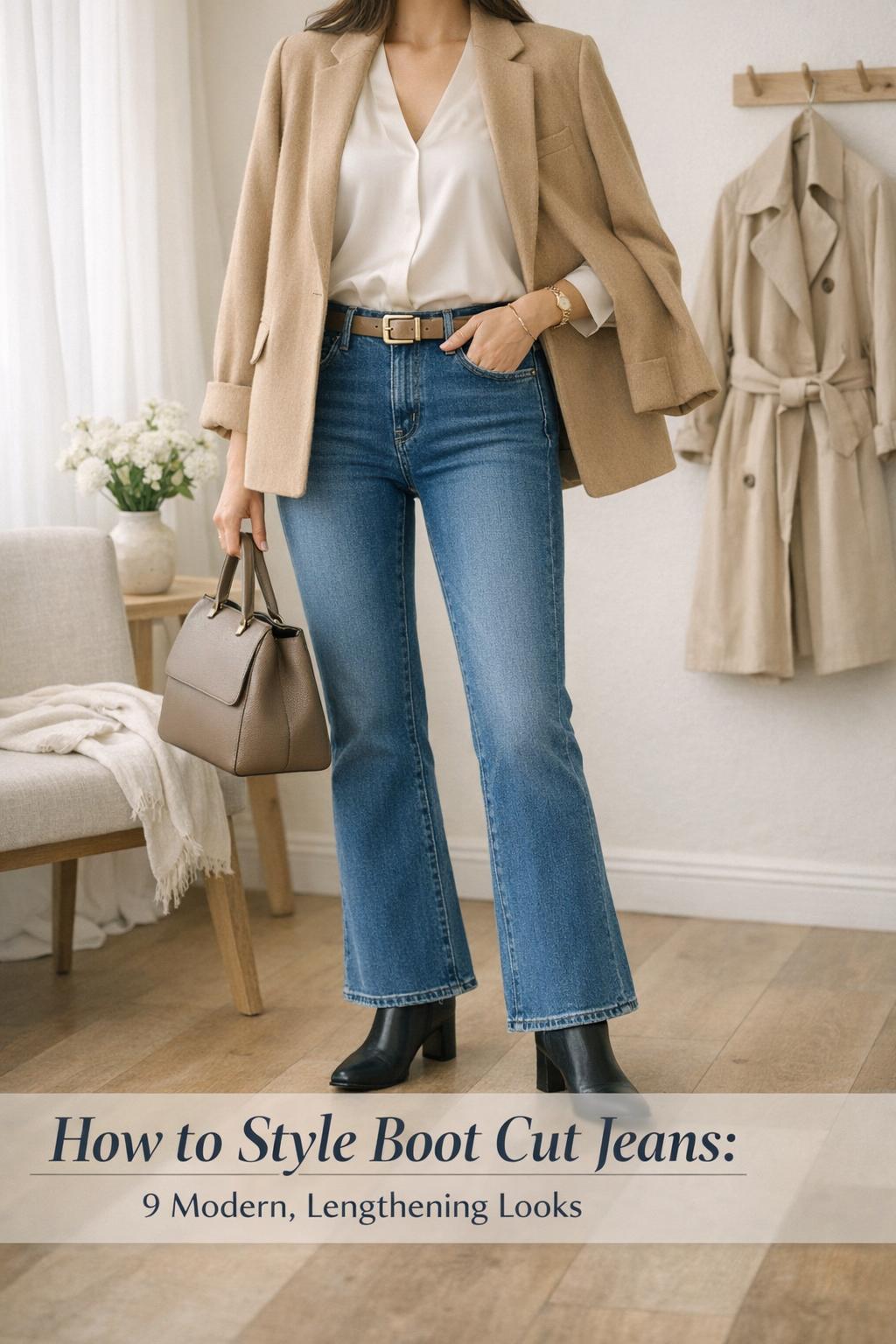 How to style boot cut jeans outfit with ivory blouse, camel blazer, and heeled ankle boots in a minimalist dressing area