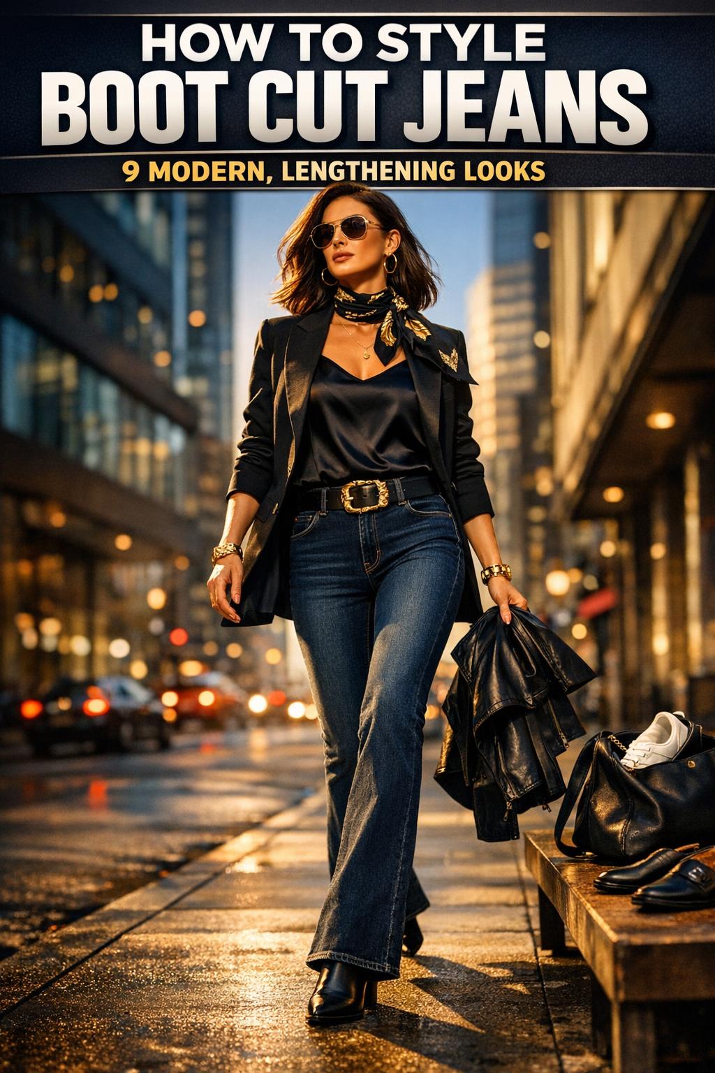 Woman wearing boot cut jeans styled with a fitted top and ankle boots, showing how to style boot cut jeans