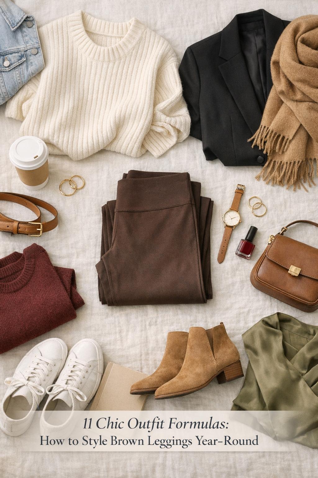 Flat lay outfit with brown leggings, knit sweater, blazer and boots showing how to style brown leggings year-round