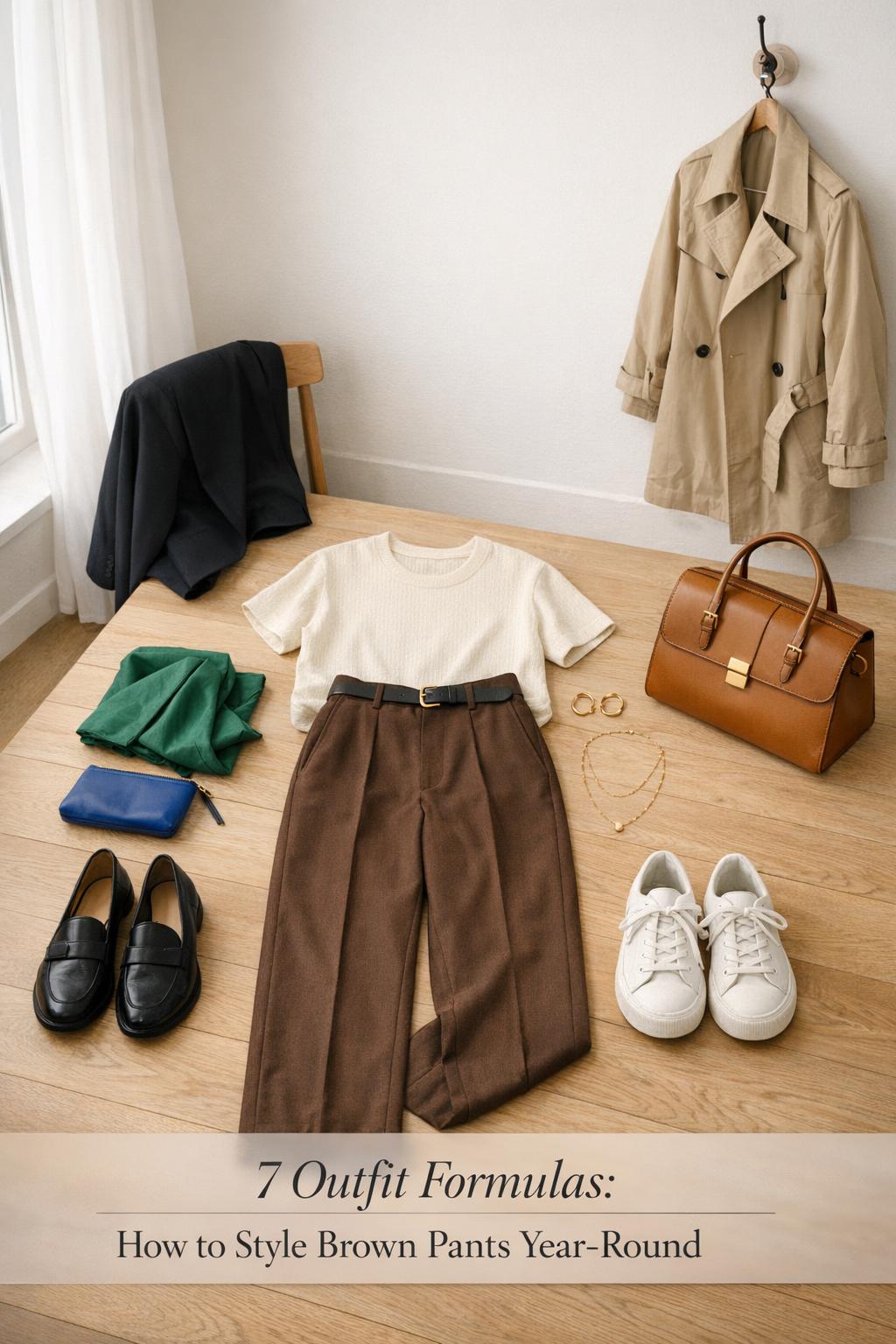 How to style brown pants flat lay with blazer, trench coat and accessories in a bright minimal apartment entryway