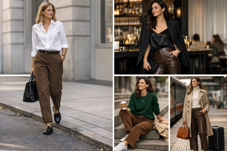 How to style brown pants with a white shirt, blazer, and loafers in a polished neutral outfit