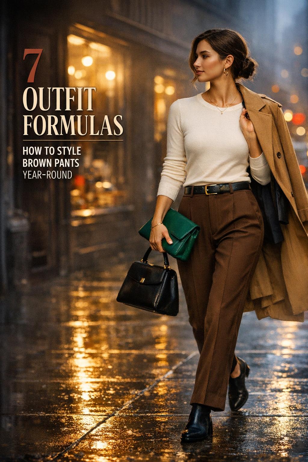 How to style brown pants: model in tailored chocolate trousers walking a rain-damp city sidewalk at blue hour