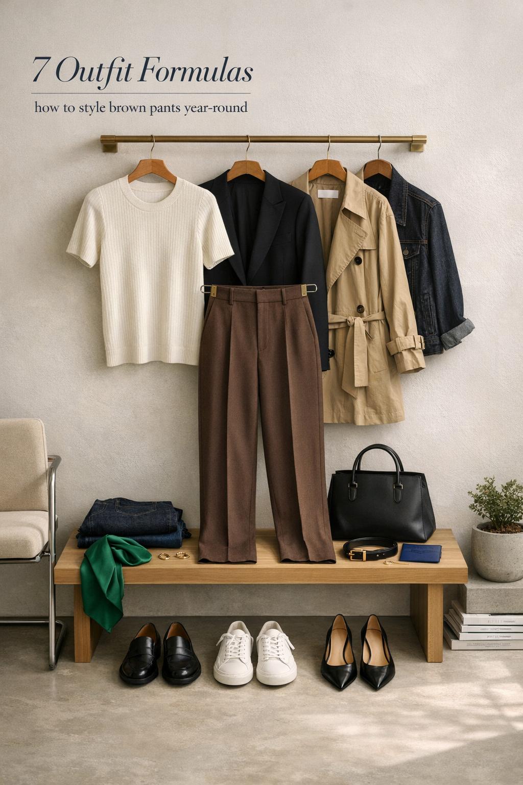 How to style brown pants editorial photo with tailored trousers, blazer, trench coat, bag, belt and shoes in chic entryway