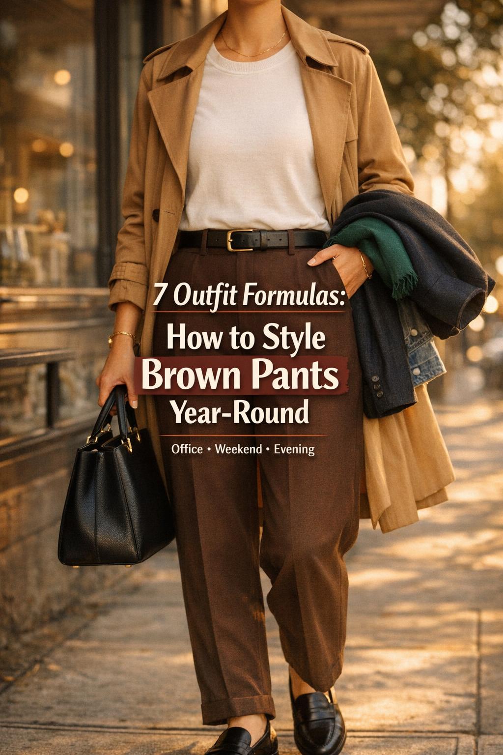 How to style brown pants in a chic city outfit with camel trench, cream top, loafers, and structured handbag outside a café