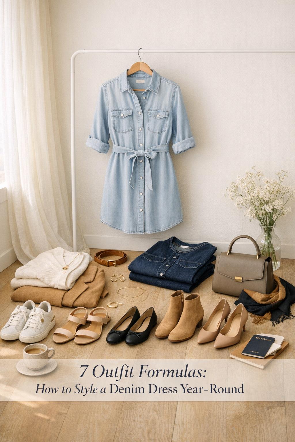 How to style denim dress year-round capsule flat lay in airy apartment entryway with denim dresses, shoes, belt, and accessories