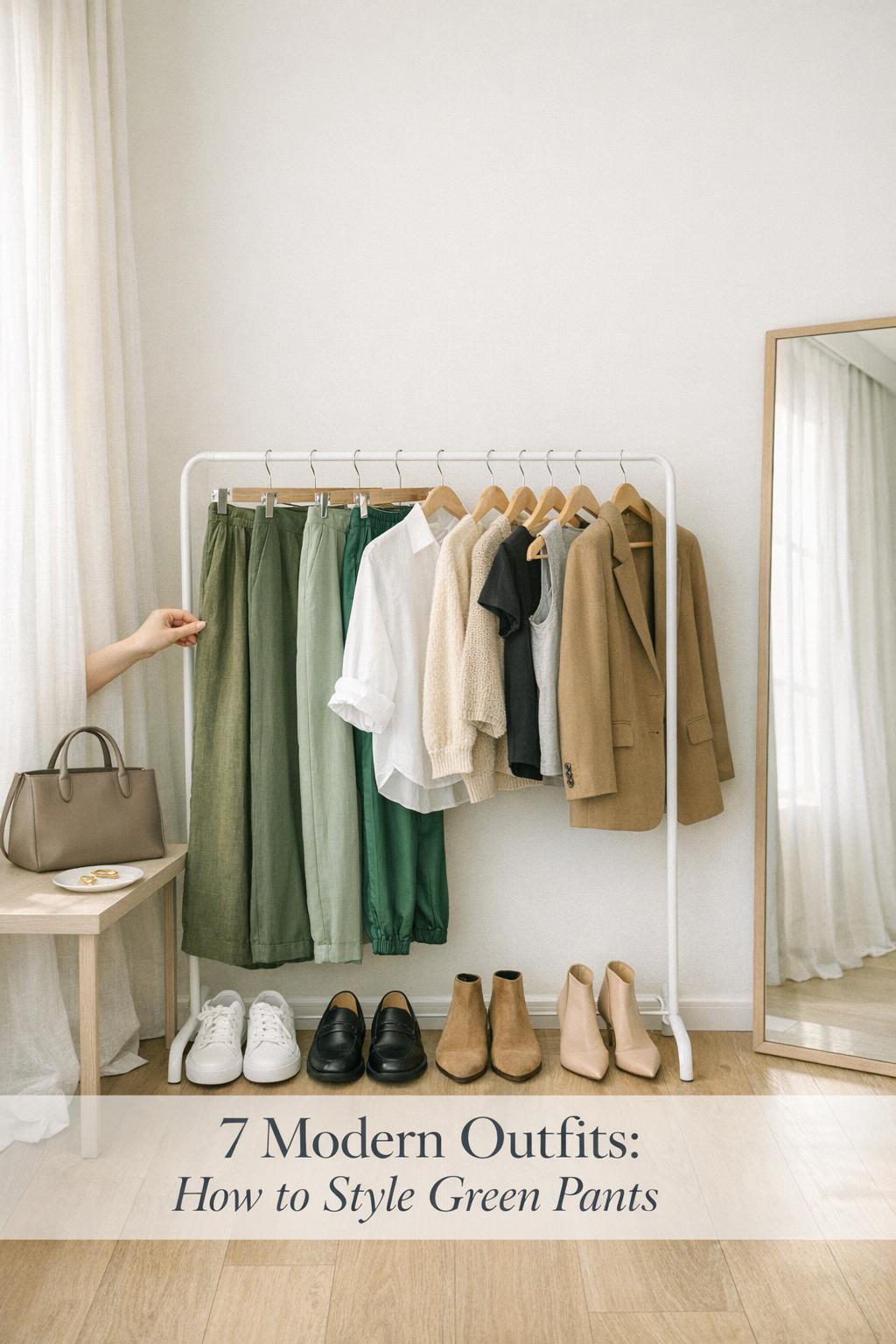 How to style green pants outfit ideas on a minimalist clothing rack in a bright neutral apartment entryway