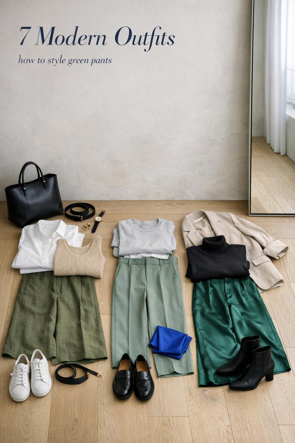 How to style green pants flat lay in a modern apartment entryway with three green trouser outfits and accessories