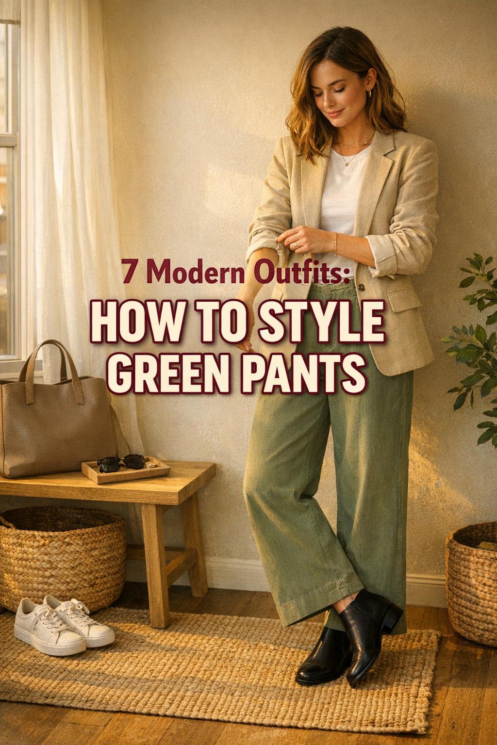 How to style green pants outfit in a warm city entryway, woman in olive wide-leg trousers and beige blazer at golden hour