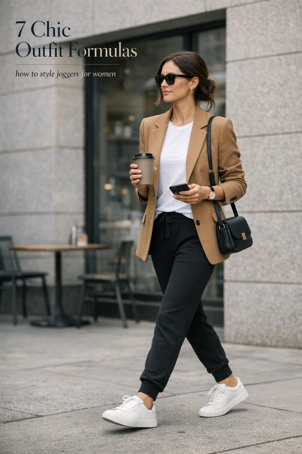 how to style joggers for women: chic black knit joggers with camel blazer, white tee and sneakers on a city coffee run