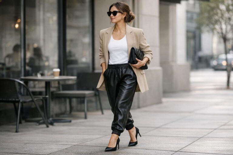 How to style joggers for women with a chic neutral outfit, tapered joggers, blazer, and loafers in a street-style photo.