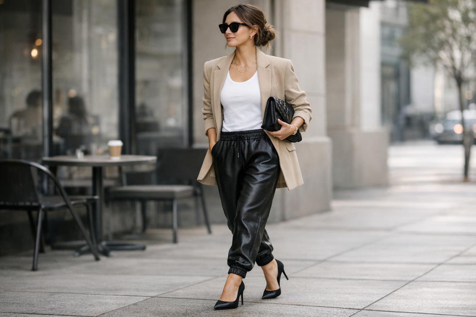 How to style joggers for women with a chic neutral outfit, tapered joggers, blazer, and loafers in a street-style photo.