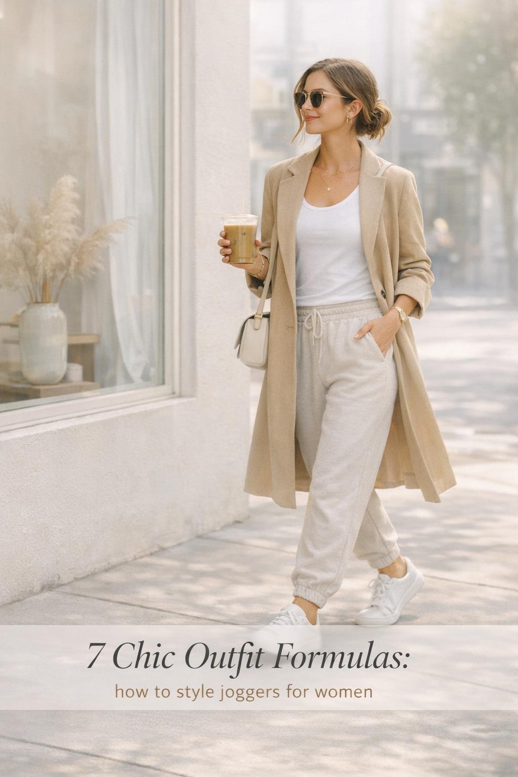 How to style joggers for women with a chic neutral outfit, blazer, and iced coffee outside a minimalist cafe window