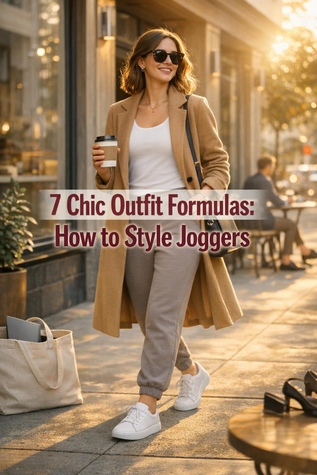 How to style joggers for women: chic golden-hour street style with blazer, white tee, and sneakers outside a cafe