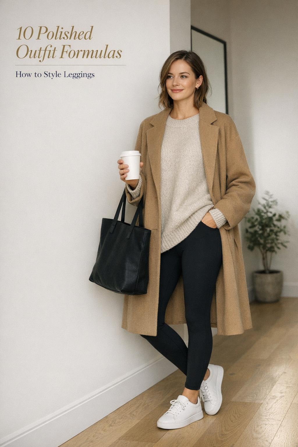 How to style leggings outfit: black leggings, oatmeal sweater and camel coat with white sneakers in a minimalist entryway