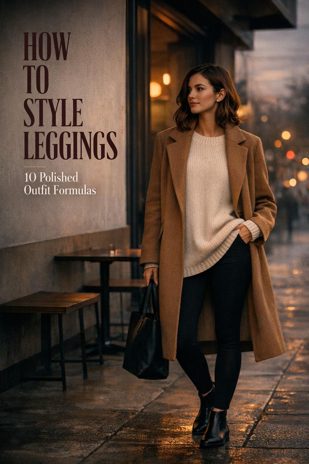 how to style leggings editorial photo of a woman in black leggings, cream sweater and camel coat on a moody city sidewalk