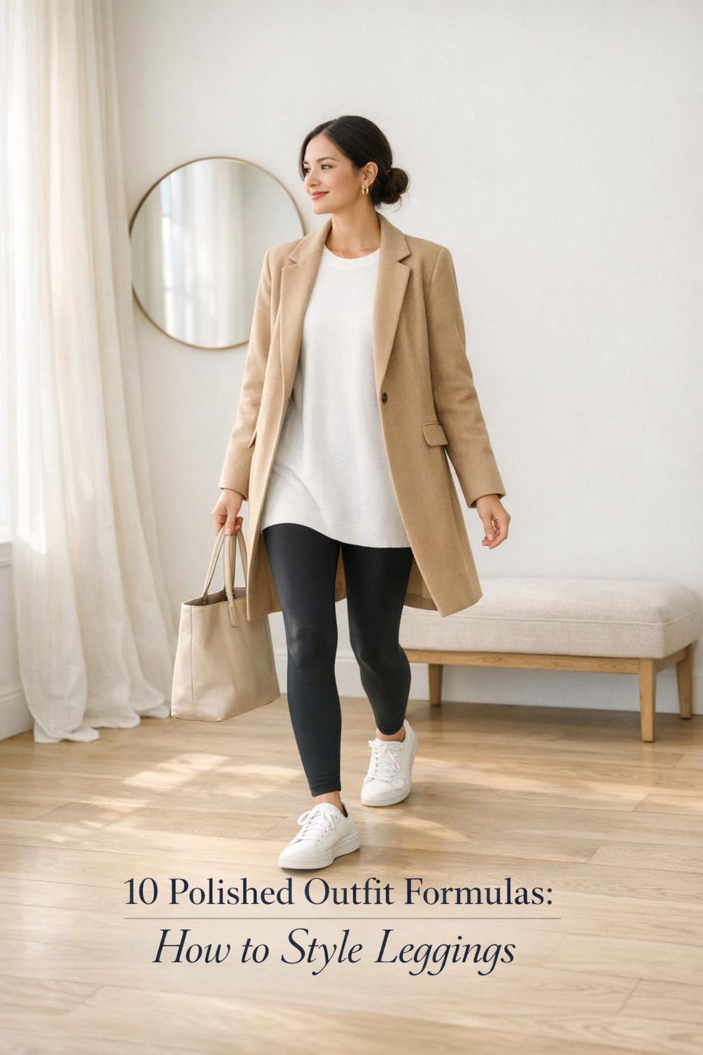 How to style leggings outfit with white tunic, beige coat, and white sneakers in a bright minimalist entryway