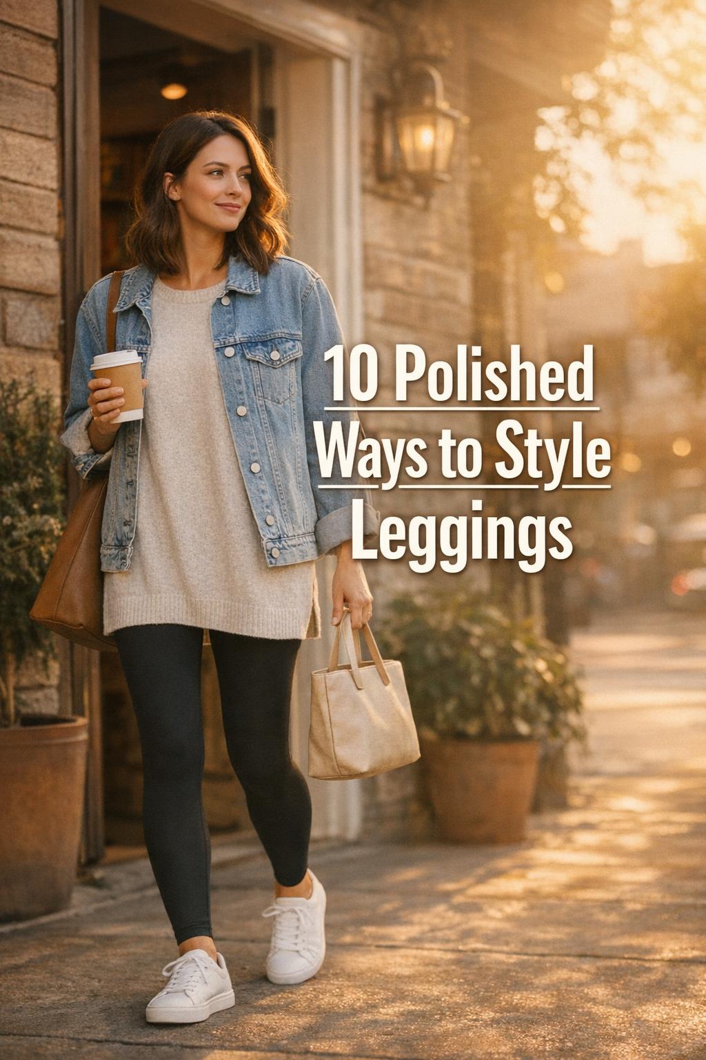 How to style leggings: woman in black leggings and oatmeal sweater leaving a cafe with coffee, golden-hour street scene