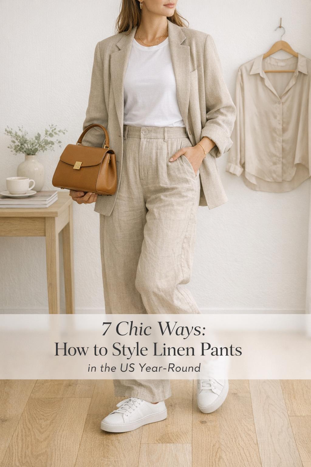How to style linen pants outfit with beige wide-leg linen trousers, white tee, oat blazer and white sneakers in bright entryway
