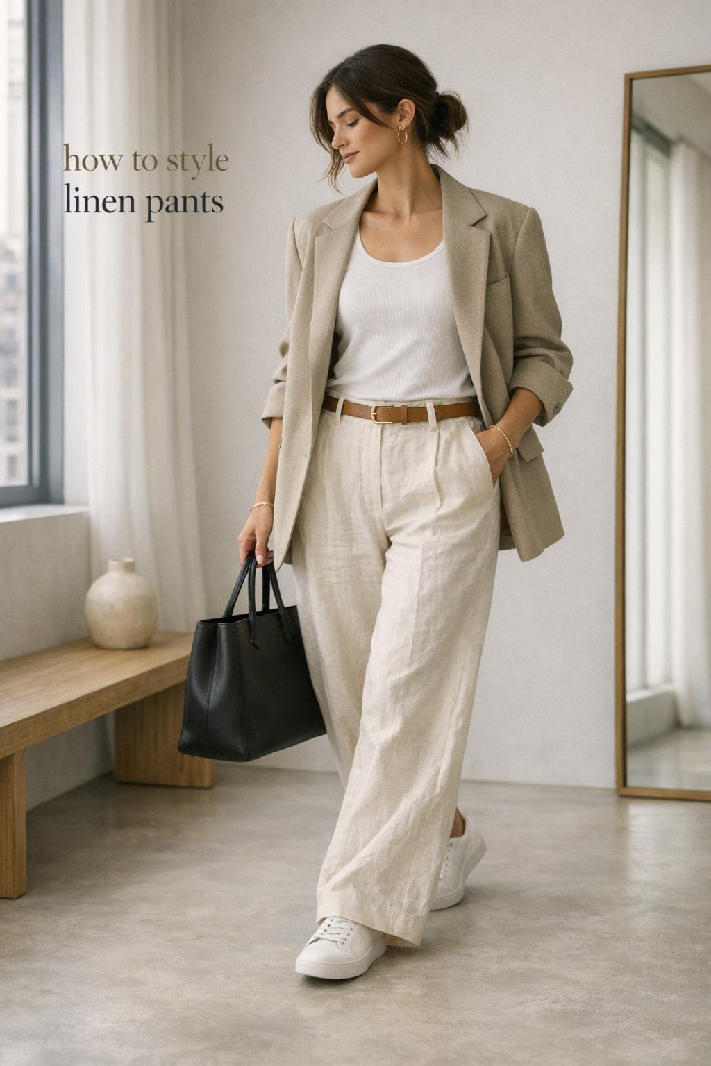 how to style linen pants outfit with off-white wide-leg linen trousers, beige blazer, white tank and black tote in airy apartment