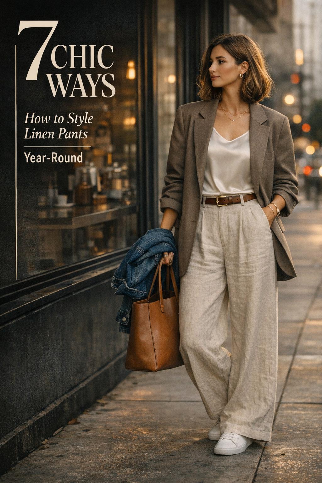 How to style linen pants with taupe blazer and white top on a city sidewalk by a modern café window in golden hour light