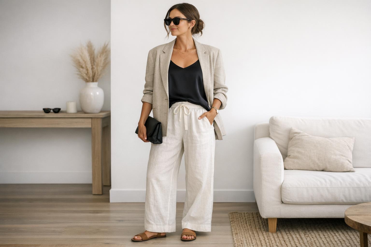 How to style linen pants with a white tee, wide-leg neutral linen trousers, and minimal sandals in a chic street style look