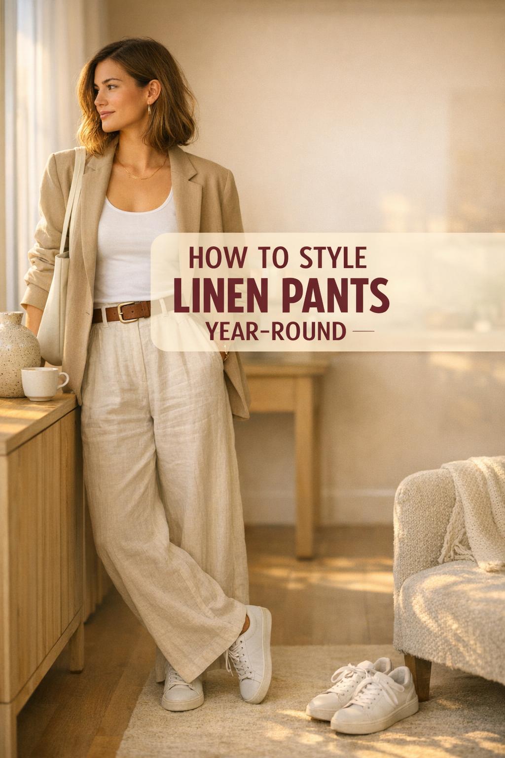 How to style linen pants year-round: woman in oatmeal linen pants and blazer in a sunlit minimalist apartment