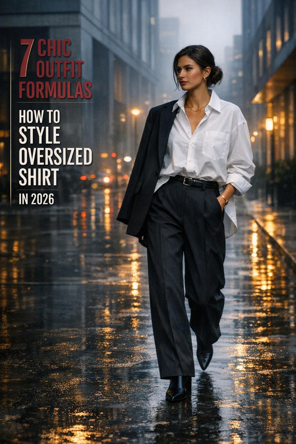 How to style oversized shirt: woman in ivory half-tucked button-down, wide-leg trousers and blazer on wet city street