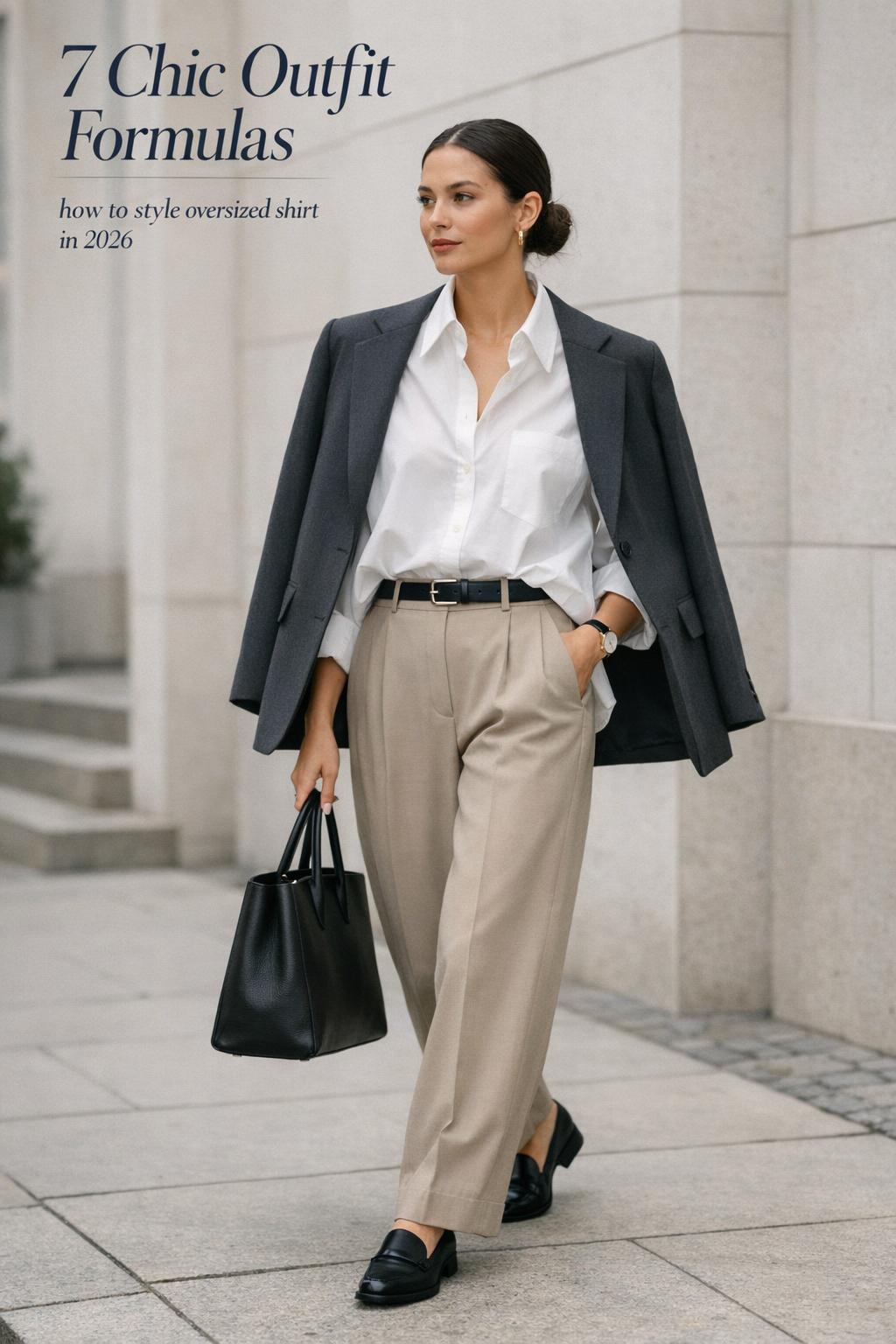 how to style oversized shirt on a chic woman in ivory poplin shirt, beige wide-leg trousers, belt and blazer, street editorial