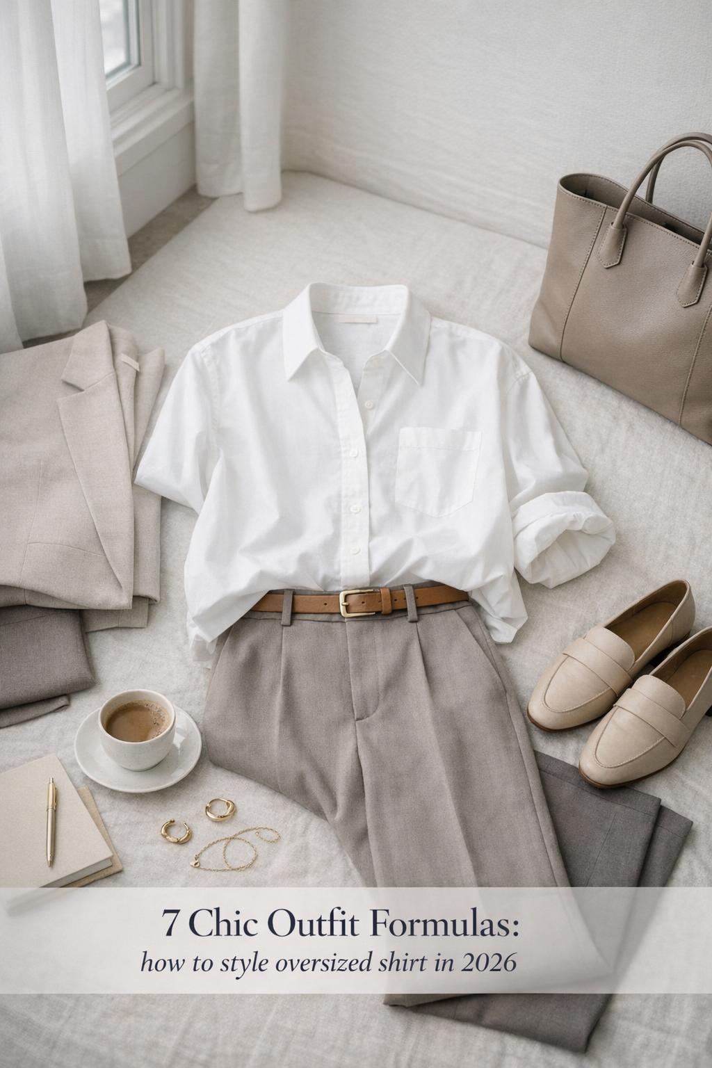 How to style oversized shirt flat lay with white button-down, taupe trousers, belt, gold jewelry, tote and loafers by a bright window