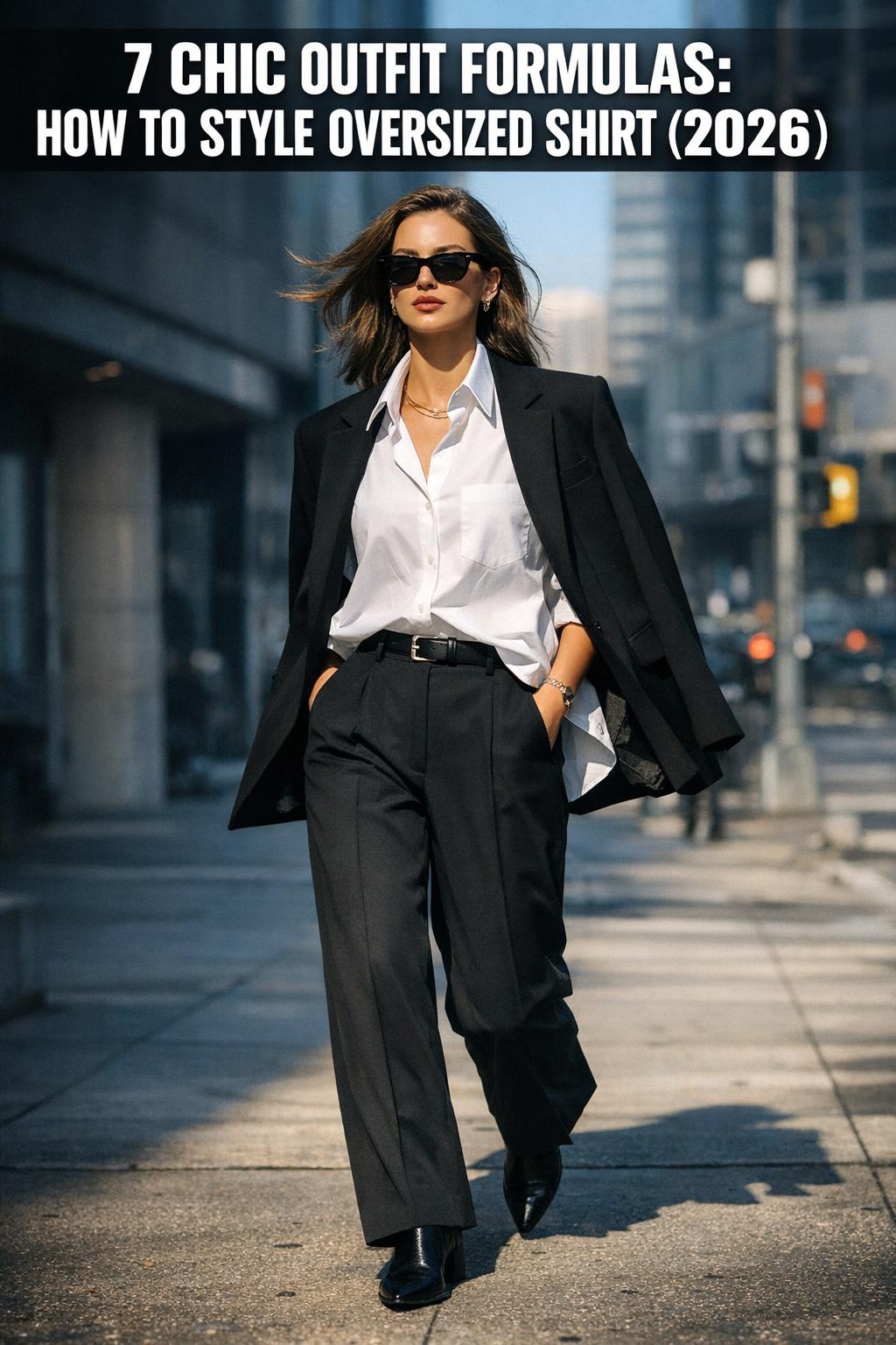 How to style oversized shirt with jeans and belt, casual street style outfit in natural light