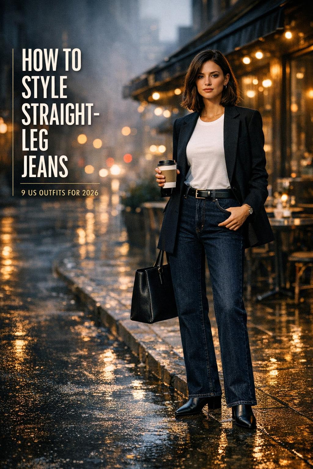 How to style straight leg jeans on a modern woman in dark denim and blazer on a moody city street with café lights