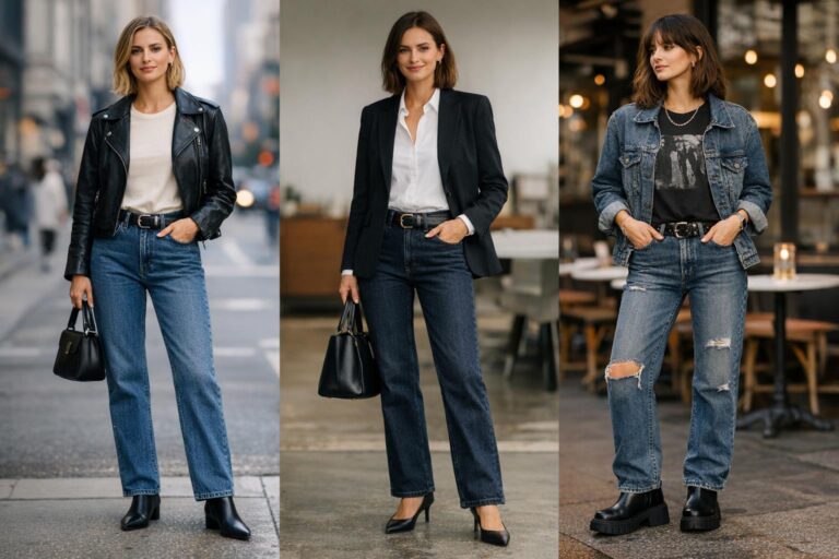 How to style straight leg jeans with a blazer, tucked tee, and loafers in a clean 2026 street-style outfit