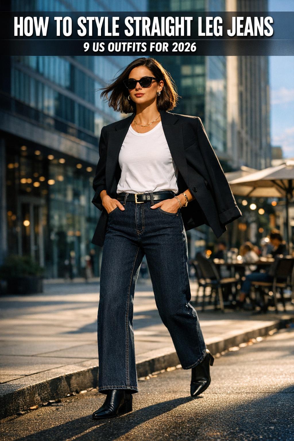 How to style straight leg jeans with a crisp white shirt, tan belt, and ankle boots in a street-style outfit