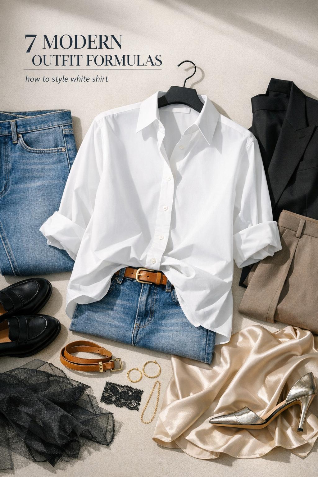 How to style white shirt lookbook flat lay with denim, blazer, belt, satin, mesh, gold jewelry, and shoes on beige backdrop