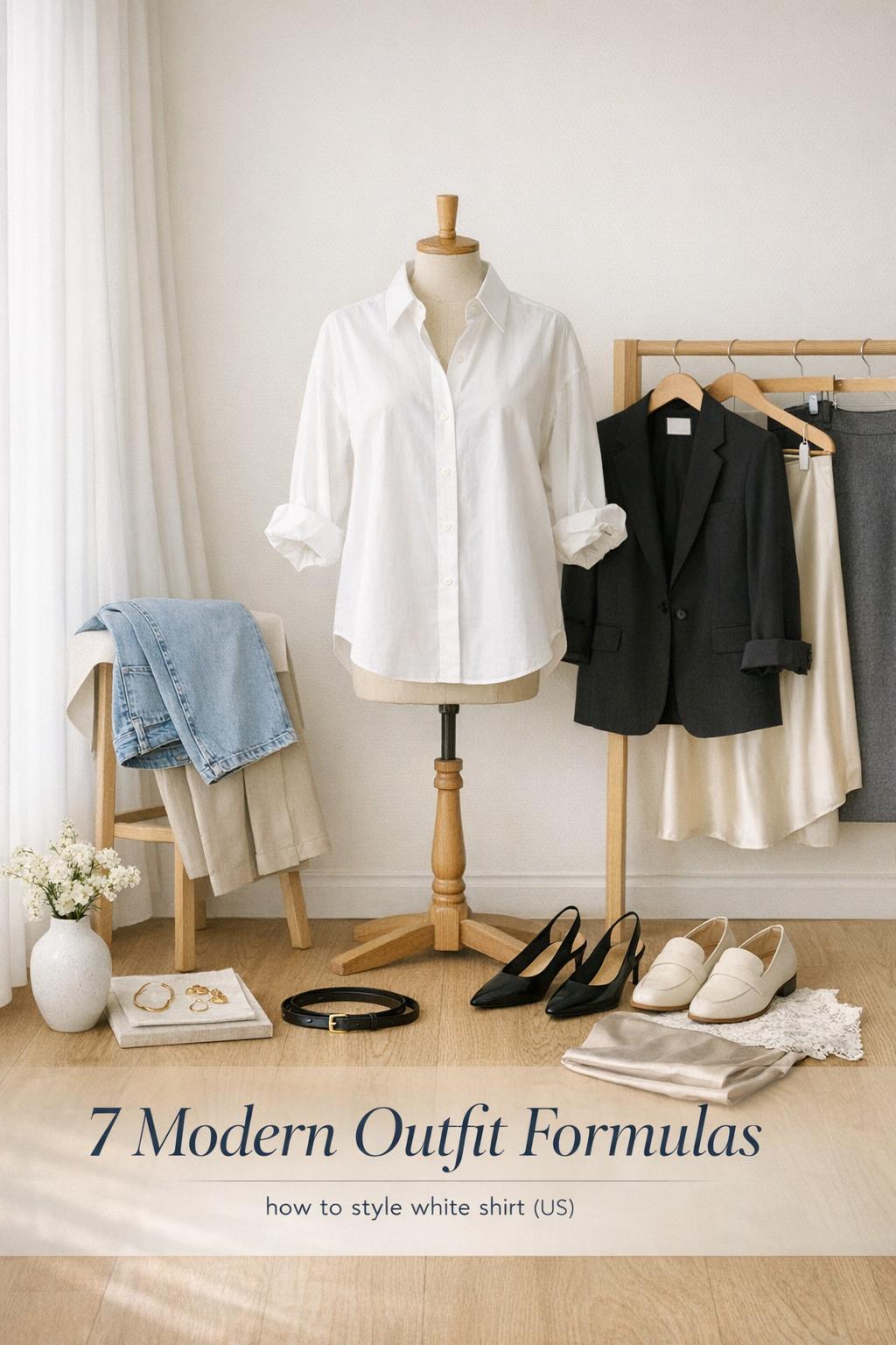 How to style white shirt lookbook in a bright modern studio with minimalist outfit formulas and neutral accessories