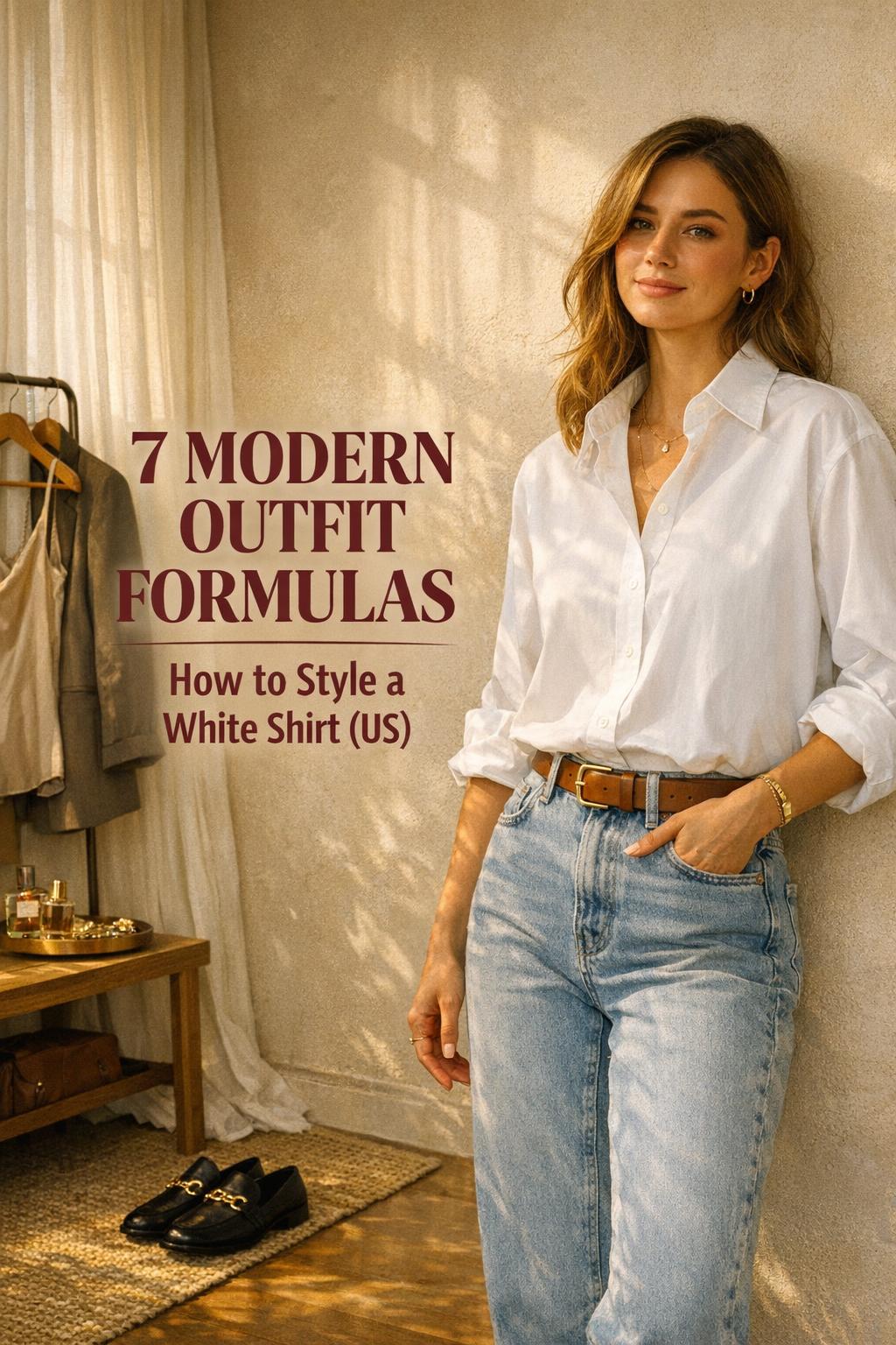 How to style white shirt in a modern outfit formula, woman in crisp white button-down and light-wash jeans in warm apartment