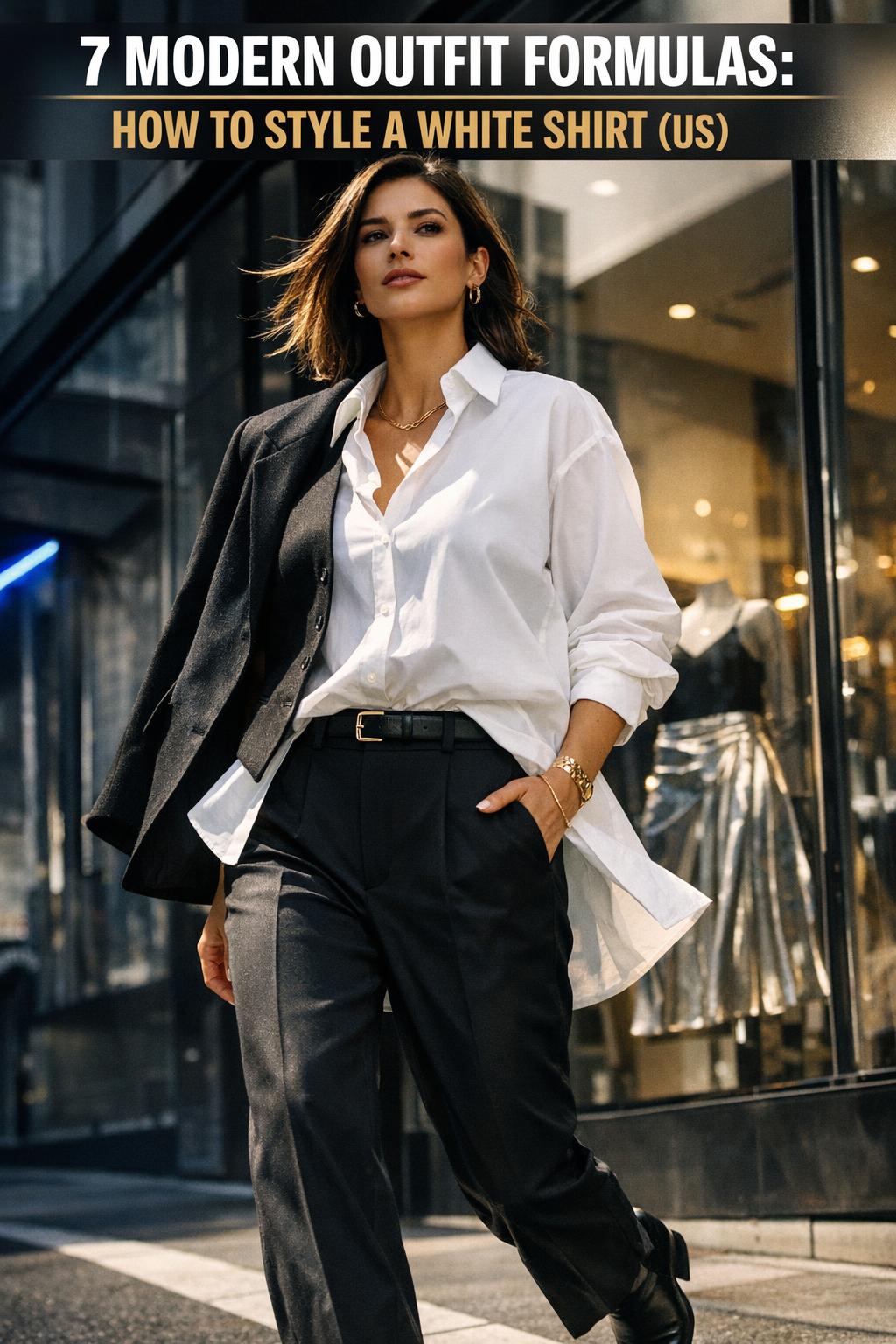 How to style white shirt with layered gold jewelry and tailored jeans in a bright, minimalist wardrobe setting
